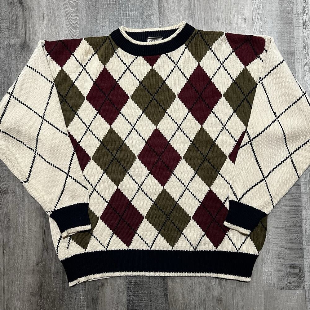 VTG Windsor Shirt Co Cotton Argyle Pullover Knit Sweater Heavy Golf Golfing Sz L